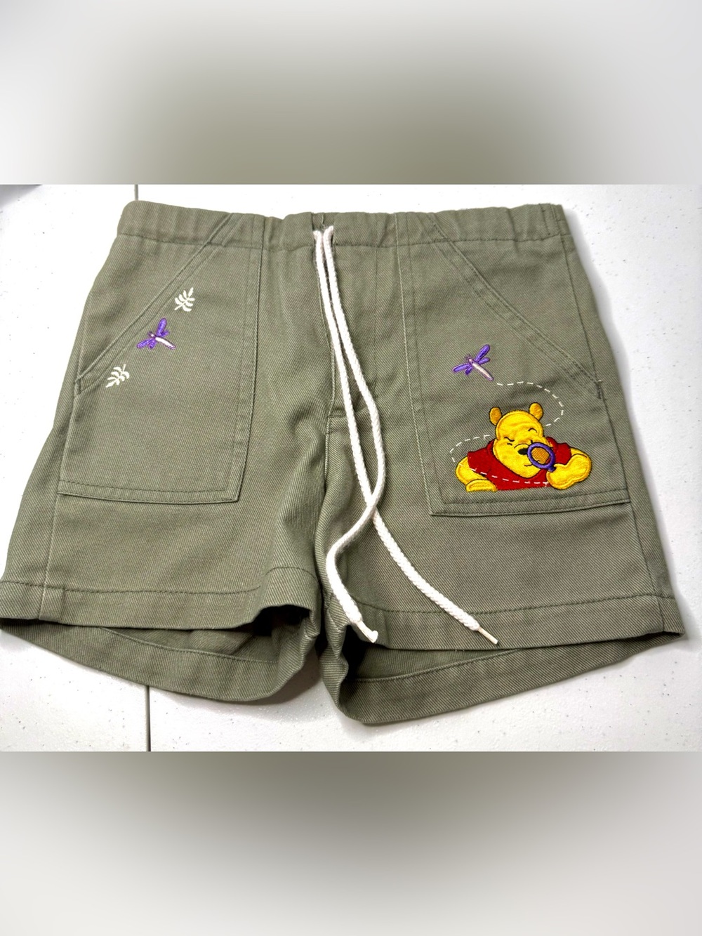 Vintage Pooh Kids Olive Green Pull-On Shorts with Winnie the Pooh Embroidery